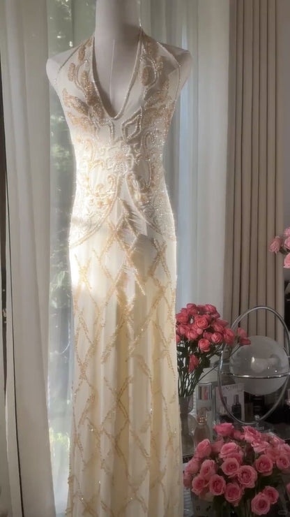 Vintage Off-White V-Neck Sheath Beaded Chiffon Long Backless Prom Dresses, Elegant  Evening Gowns ED03451