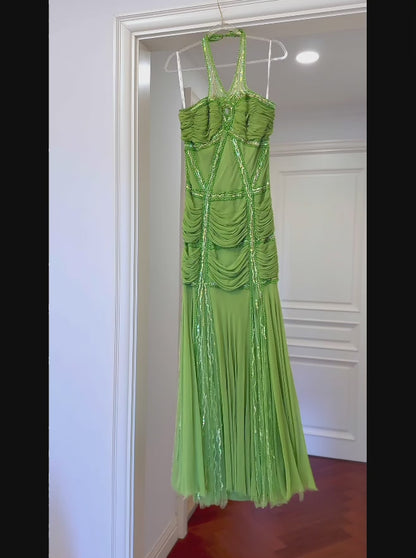Vintage Green Long Prom Dresses Halter Sheath Evening Dresses Beaded Chiffon Sleeveless Party Dresses ED06111