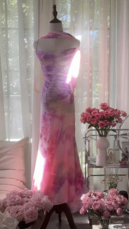 Gorgeous Spaghetti Strap Pink Sheath Chiffon Prom Dresses Vintage Backless Evening Gowns ED03438