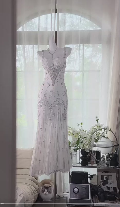 Elegant Spaghetti Straps Apricot Beaded Chiffon Mermaid Gowns Vintage Backless Prom Dress ED01970