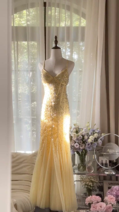 Fairytale Butter Yellow Mermaid Spaghetti Straps Tulle Sequin Long Prom Dresses Vintage Backless Evening Gowns ED02287