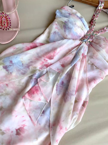 Pink Short Prom Dress Halter Sheath Chiffon Cocktail Dress Sleeveless Short Semi-Formal Dress ED07619