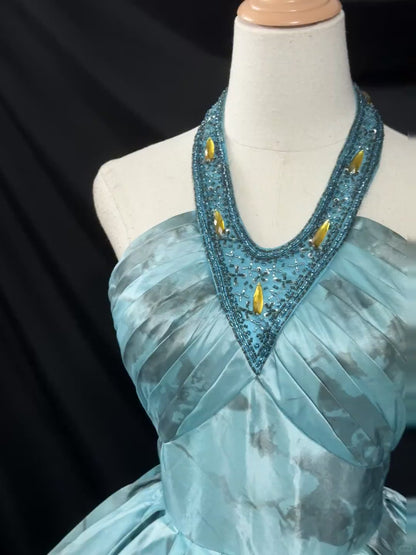 Retro Halter A-line Blue Short Birthday Dresses Satin Blue Party Dresses ED04922