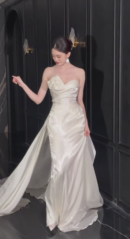 Robe de mariée trapèze intemporelle, robe de mariée en satin, robe de mariée blanche ED11807