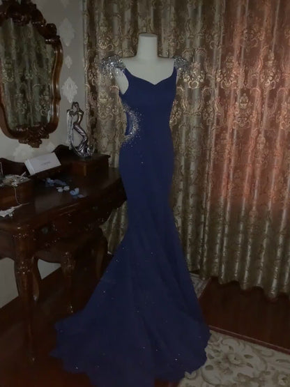 Elegant Navy Blue Long Prom Dresses Satin Mermaid Evening Dresses V-neck Sleeveless Formal Dresses ED06008