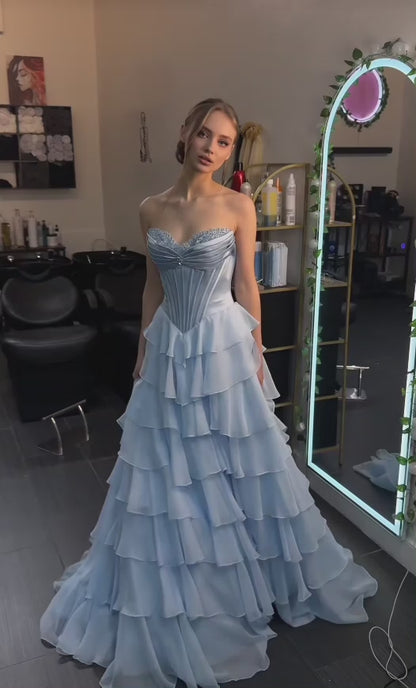 Magnifique robe de bal bleu ciel à volants, coupe trapèze, longue robe de soirée en mousseline de soie ED11813