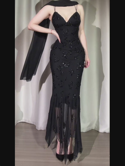Elegant Black Long Prom Dresses Spaghetti Straps Mermaid Birthday Dresses Chiffon Sleeveless Evening Dresses ED06228