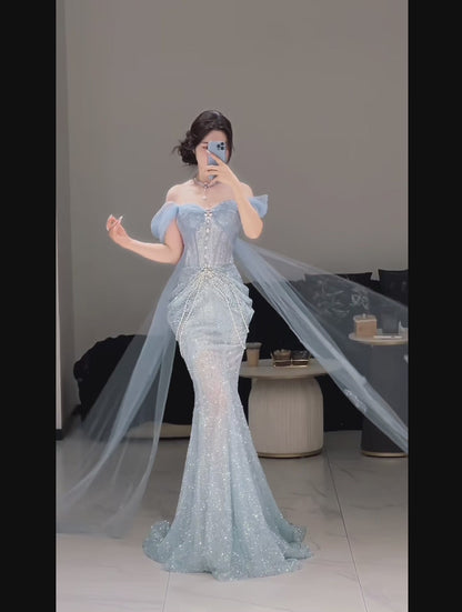 Gorgeous Sweetheart Mermaid Tulle Long Prom Dresses, Blue Formal Evening Dresses ED04211