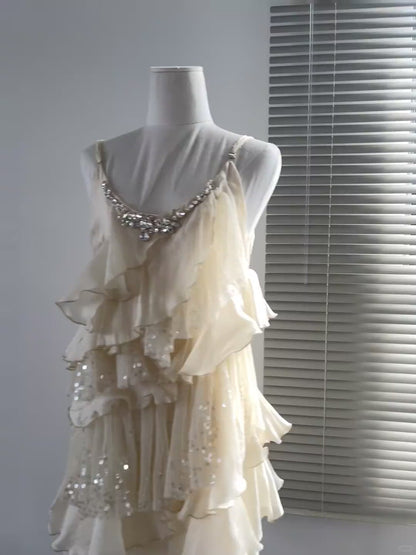 Sexy Light Champagne Sheath Formal Dress Spaghetti Strap Party Dress Birthday Dress Chiffon Sequin Short Homecoming Dresses ED03879