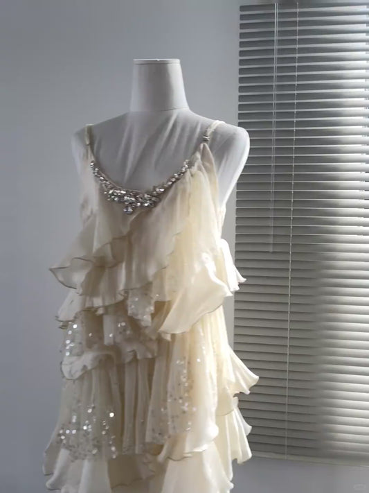 Sexy Light Champagne Sheath Formal Dress Spaghetti Strap Party Dress Birthday Dress Chiffon Sequin Short Homecoming Dresses ED03879