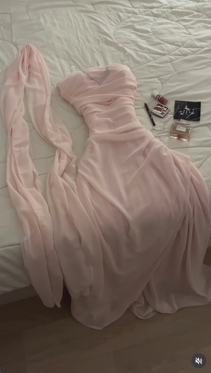 Chic Pink Prom Dress Sheath Chiffon Long Evening Dresses ED12107