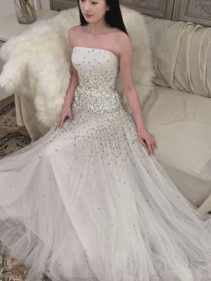 Fashion Long White Wedding Dress Strapless A-Line Bridal Dress Tulle Sequins Bridal Gowns  ED07272