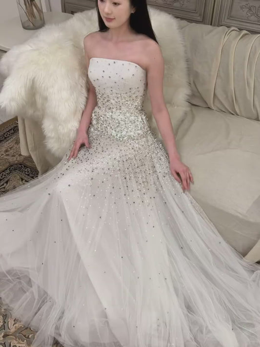 Fashion Long White Wedding Dress Strapless A-Line Bridal Dress Tulle Sequins Bridal Gowns  ED07272