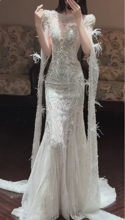 Elegant Mermaid Long Wedding Dress Beaded Tulle White Bridal Dress V-neck Bridal Gown ED06326