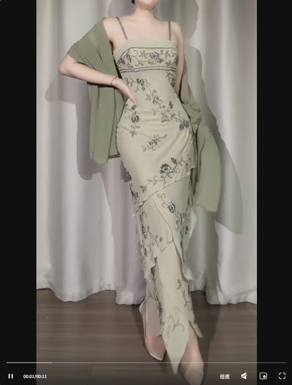 Retro Gray Green A-Line Long Prom Dresses Beaded Chiffon Spaghetti Straps Evening Gowns Sleeveless Formal  Dresses ED05806