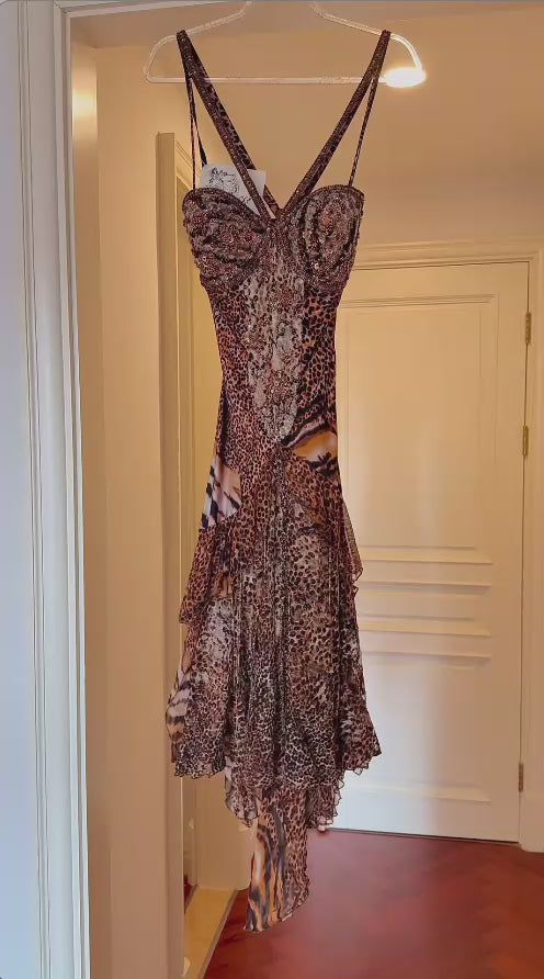 Vintage Sheath Leopard Short Prom Dresses Chiffon Beaded Spaghetti Straps Evening Dresses  ED06041