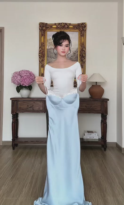 Pretty Blue Prom Dress Sheath Satin Long Evening Dress ED12076
