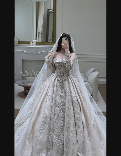 Chic A-Line Long Wedding Dresses Satin Beaded White Bridal Gowns Off-shoulder Cup Sleeves Bridal Dress EP06521