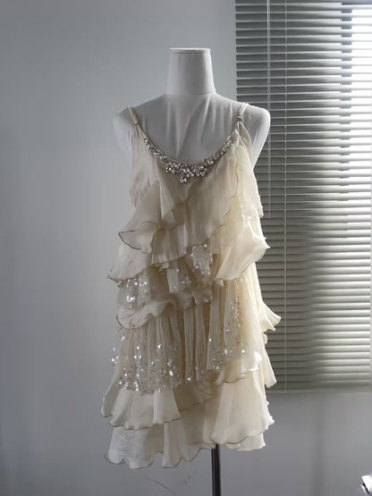 Sexy Light Champagne Sheath Formal Dress Spaghetti Strap Party Dress Birthday Dress Chiffon Sequin Short Homecoming Dresses ED03879