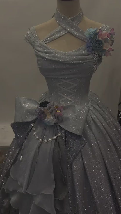 Fairy A-Line Gray Long Prom Dresses Halter Satin Evening Dresses Sleeveless  Gray Formal Dresses ED05444