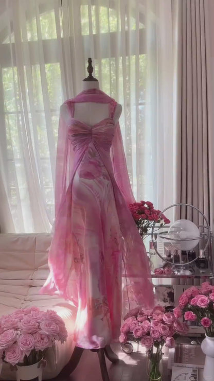 Elegant Pink Strap Sheath Print Chiffon Prom Dresses, Vintage Evening Gowns ED03462