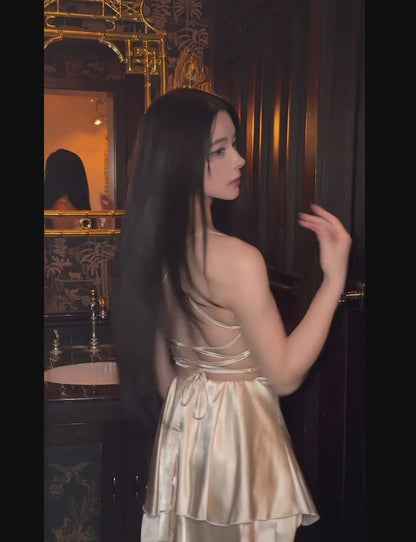 Sexy Spaghetti Straps A-Line Short Prom Dresses Satin Champagne Birthday Dresses Sleeveless Christmas Party Dresses EP05663