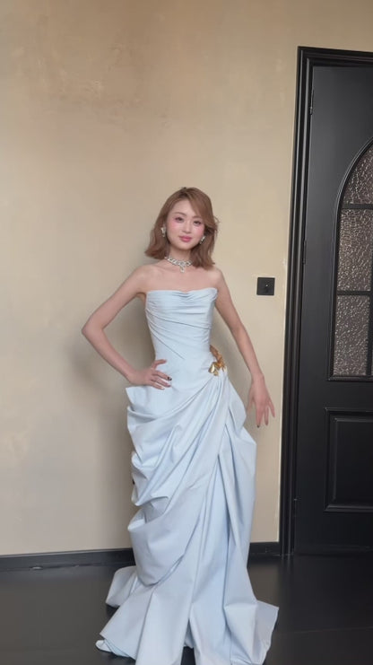 Gorgeous Strapless Sheath Satin Long Evening Dress Blue Prom Dress ED11593