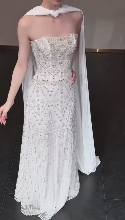 Elegant Sheath Chiffon Beaded Long Wedding Dress White Bridal Gown ED12227
