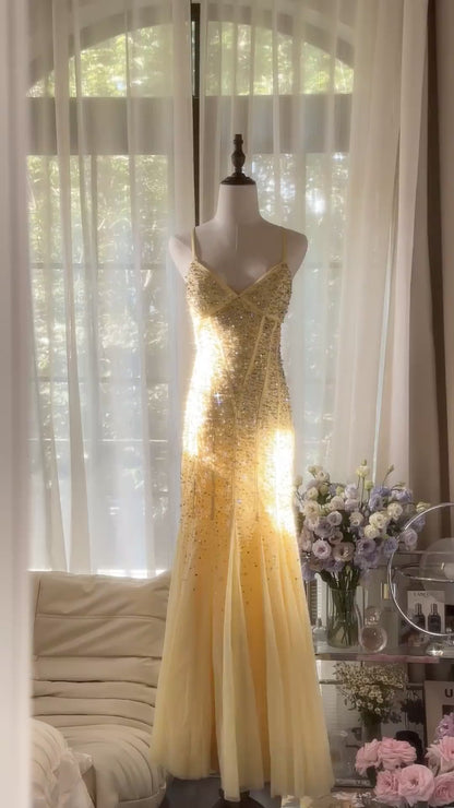 Fairytale Butter Yellow Mermaid Spaghetti Straps Tulle Sequin Long Prom Dresses Vintage Backless Evening Gowns ED02287