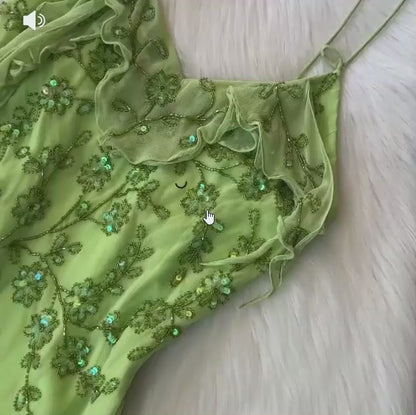 Fairy Spaghetti Strap Sheath Long Prom Dresses Vintage Chiffon Beaded Green Formal Dresses EP04753