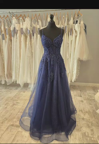Fairy Spaghetti Strap A-Line Long Prom Dresses Beaded Tulle Navy Blue Evening Gowns ED04546