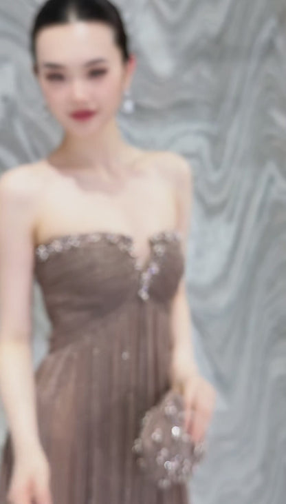 Pretty Sheath Chiffon Long Evening Dress Brown Prom Dress ED11923