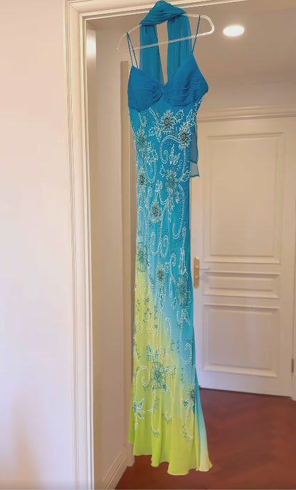 Vintage Blue Beadings Long Prom Dresses Chiffon Sheath Spaghetti Straps Evening Dresses  Sleeveless Party Dresses  ED06050