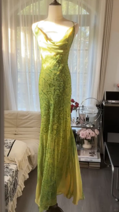 Vintage Green Spaghetti Straps Mermaid Chiffon Long Prom Dresses Elegant Evening Gowns with Beading ED02838