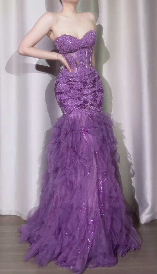 Elegant Purple Long Prom Dresses Sweetheart Mermaid Birthday Dresses Tulle Sleeveless Evening Dresses ED06229