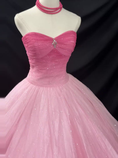 Fairy A-Line Pink Long Prom Dresses Sweetheart Pink Formal Dresses Tulle Sleeveless Evening Dresses   ED05477