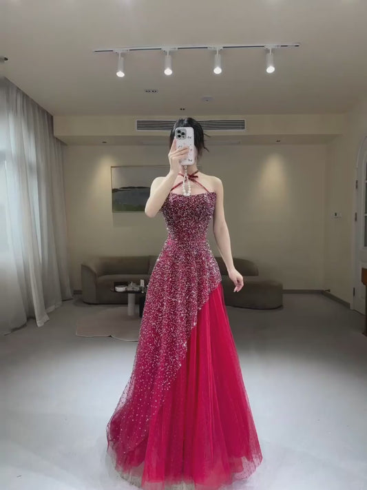 Gorgeous A-Line Burgundy Long Prom Dresses Beaded Tulle Sleeveless Evening Dresses Halter Birthday Dresses ED06258
