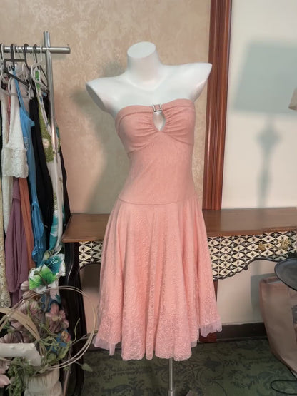 Vintage Strapless Sheath Short Hoco Dresses Peach Tulle Lace Birthday Dress Cute Party Formal Dress  ED03908