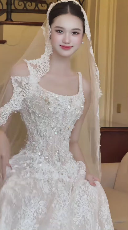 Chic Straps White Beaded Bridal Gown A-Line Lace Wedding Dress ED11601
