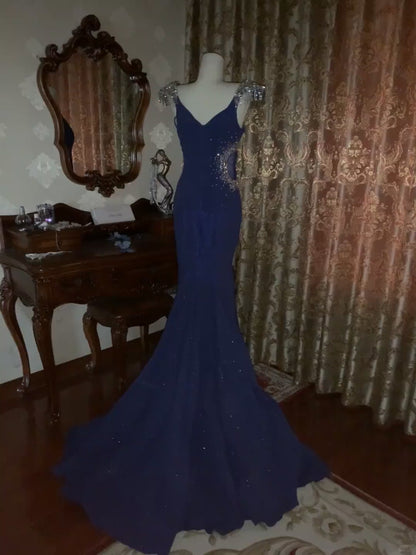 Elegant Navy Blue Long Prom Dresses Satin Mermaid Evening Dresses V-neck Sleeveless Formal Dresses ED06008