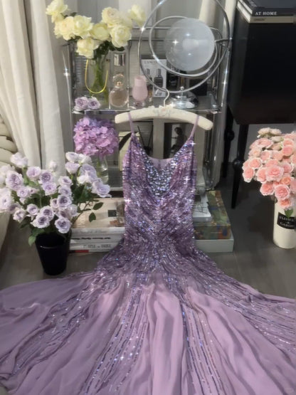 Stunning Purple V-neck Mermaid Beaded Chiffon Long Prom Dresses Vintage Evening Gowns ED02954
