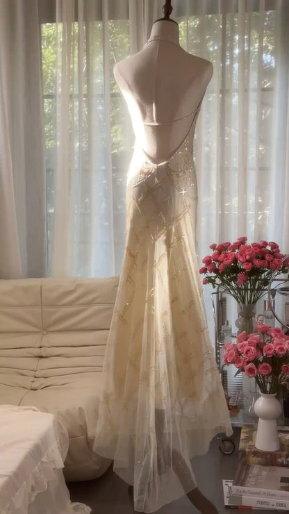 Vintage Off-White V-Neck Sheath Beaded Chiffon Long Backless Prom Dresses, Elegant  Evening Gowns ED03451