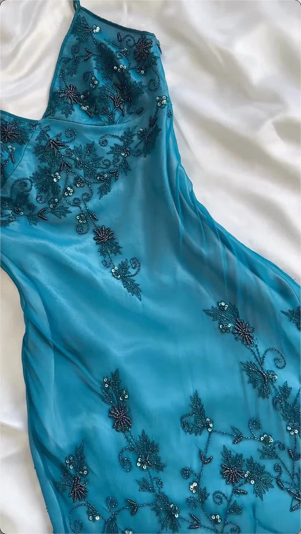 Modest vintage Prom Dress Spaghetti Straps  Blue 🩵Chiffon Sheath Evening Dress with Beading 